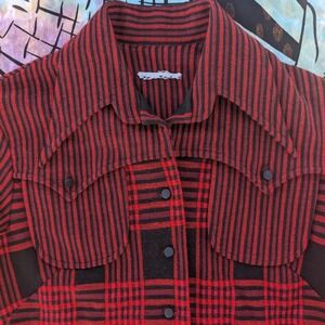 Vtg 70s Red Black Buffalo Plaid Button Up Shirt Jacket M Lumberjack Shacket CPO